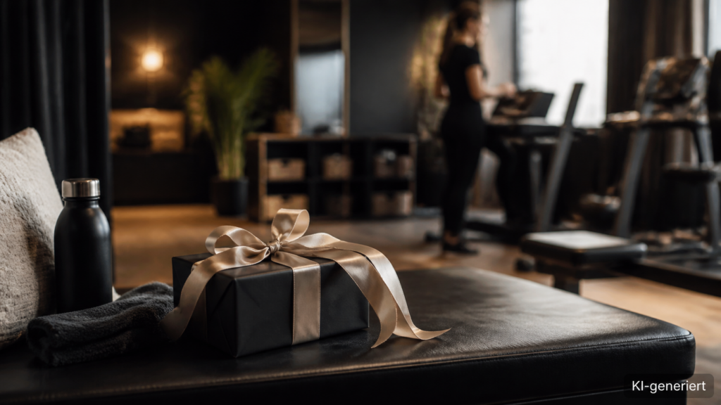 Kleine verpackte Aufmerksamkeit mit Schleife auf einer Studio-Bank