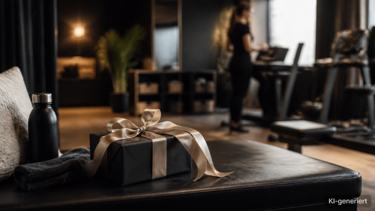 Kleine verpackte Aufmerksamkeit mit Schleife auf einer Studio-Bank