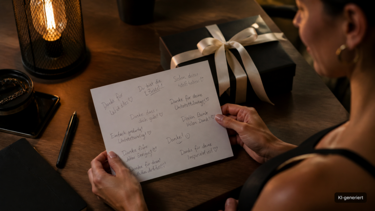 Gemeinsame Dankeskarte mit mehreren Handschriften neben einem kleinen Geschenk