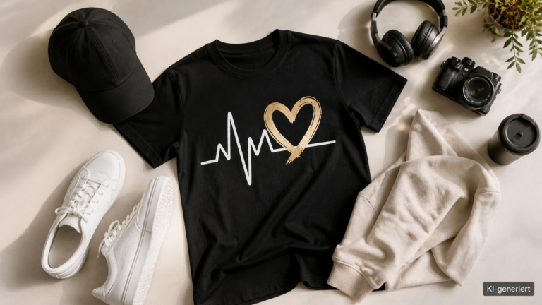 Flach ausgelegtes Outfit mit Basecap, Statement-Shirt und Sneakern