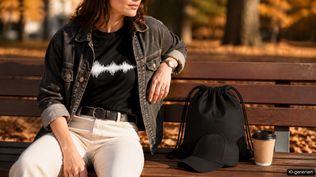 Statement-Shirt unter offener Jeansjacke mit Basecap und Turnbeutel auf einer Bank