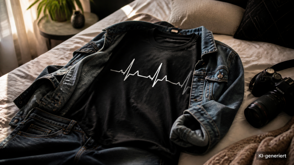 Statement-Shirt mit Jeans und offener Jeansjacke zusammengelegt