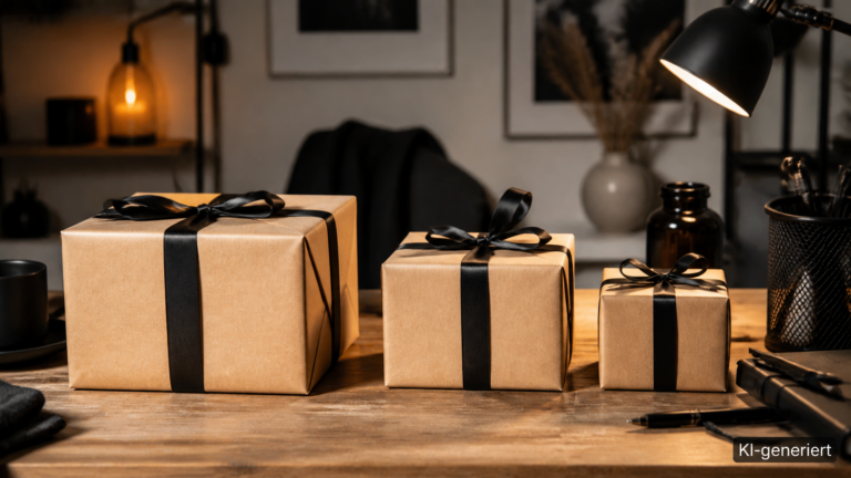 Drei unterschiedlich große verpackte Geschenke nebeneinander auf einem Holztisch