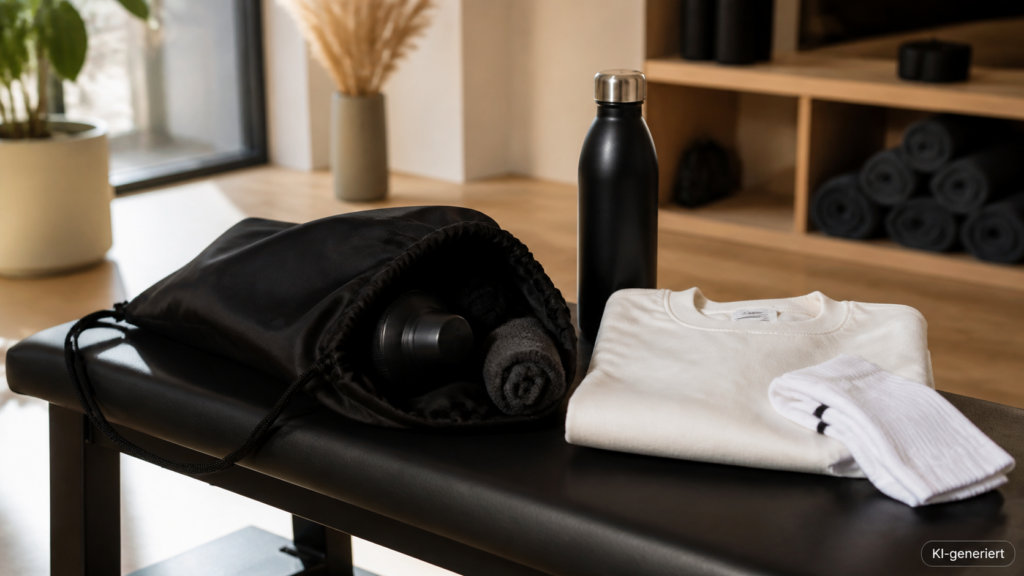 Geöffneter Turnbeutel mit Trinkflasche, Shirt und Socken auf einer Bank