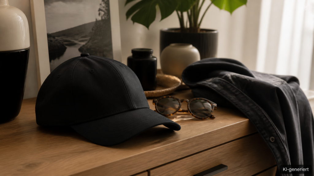 Basecap auf einer Kommode neben Sonnenbrille und Jeansjacke