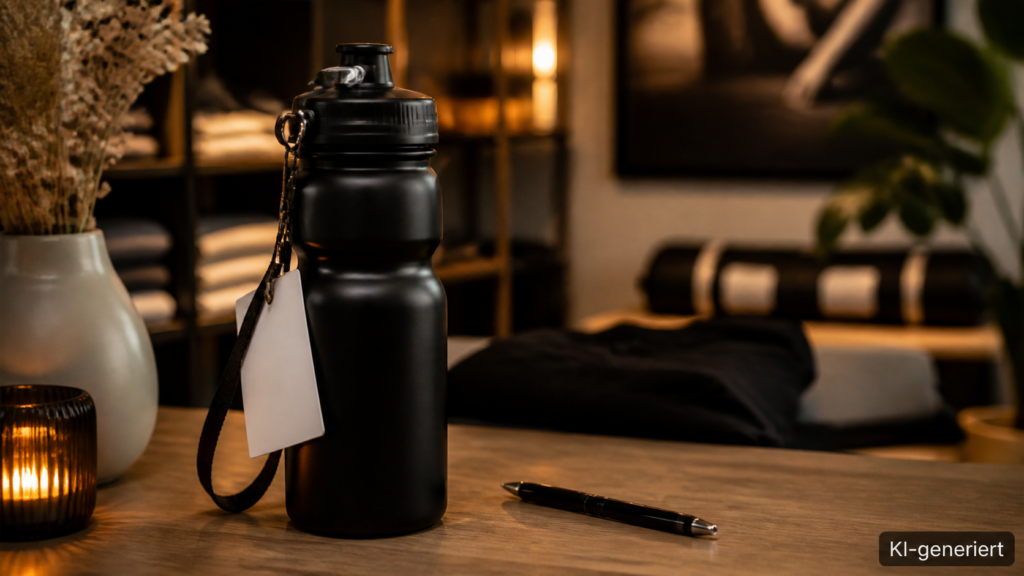 Trinkflasche mit Band und Anhängekarte auf einem Holztisch