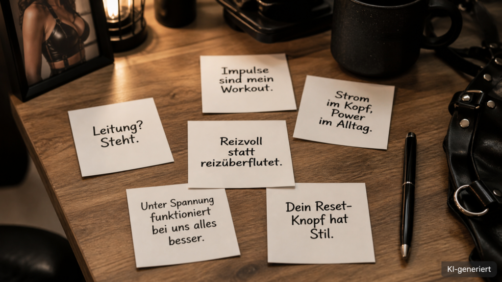 Mehrere beschriftete Zettel mit kurzen Wortspielen auf einem Holztisch