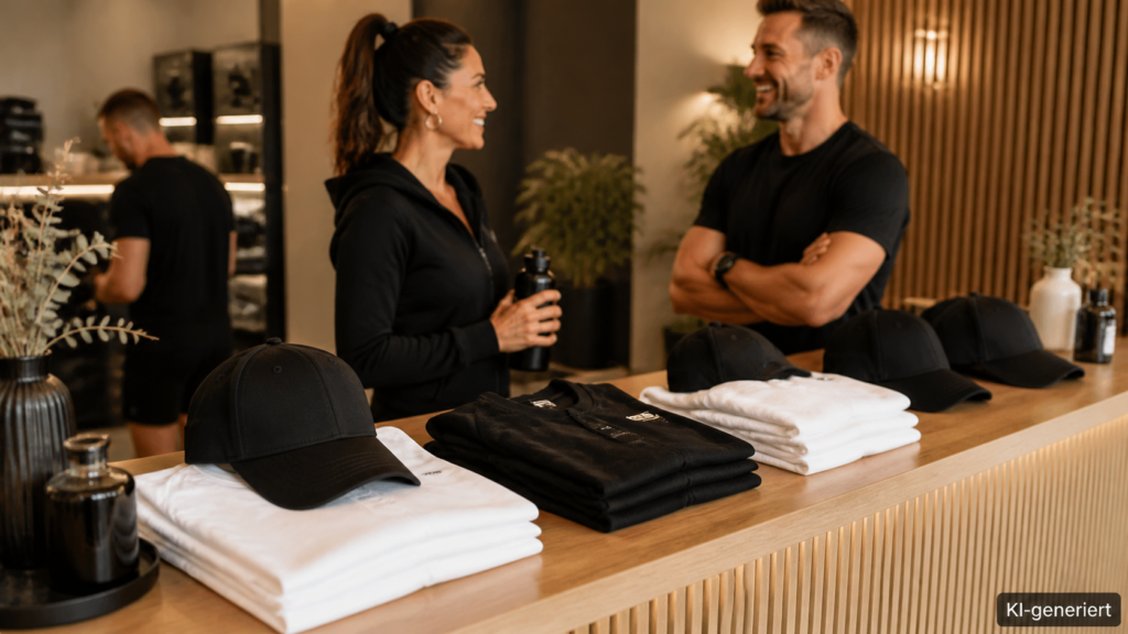 Mehrere identische Shirts und Caps auf einem Studio-Empfangstresen