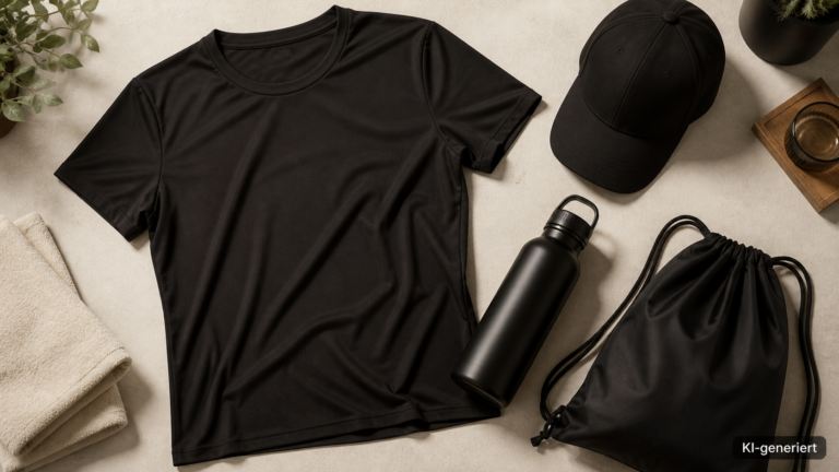 Flach ausgelegtes Arrangement aus Shirt, Cap, Trinkflasche und Turnbeutel von oben
