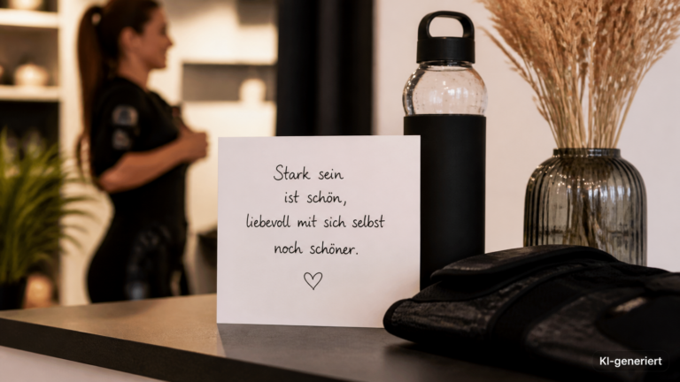 Handgeschriebene Karte mit kurzem Spruch neben einer Trinkflasche
