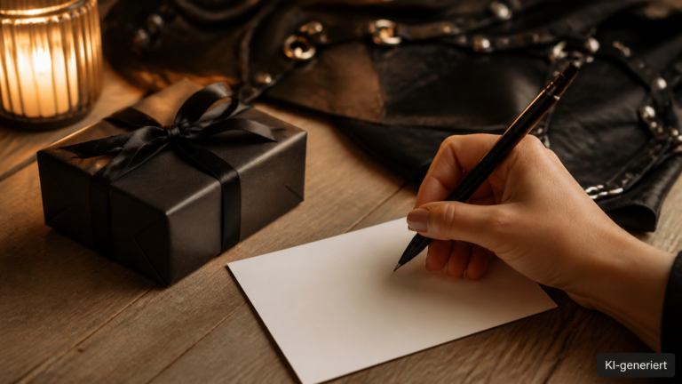 Handgeschriebene Karte mit Stift neben einem kleinen verpackten Geschenk