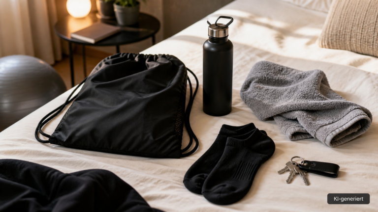 Turnbeutel, Trinkflasche, Handtuch, Socken und Schlüssel übersichtlich ausgebreitet